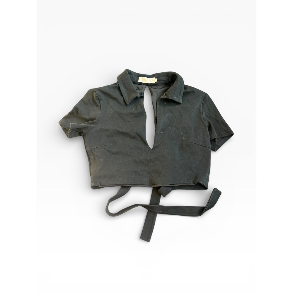 MESHKI Black Deep V-Neck Polo Crop Top Open Back Tie Waist Short Sleeve Large